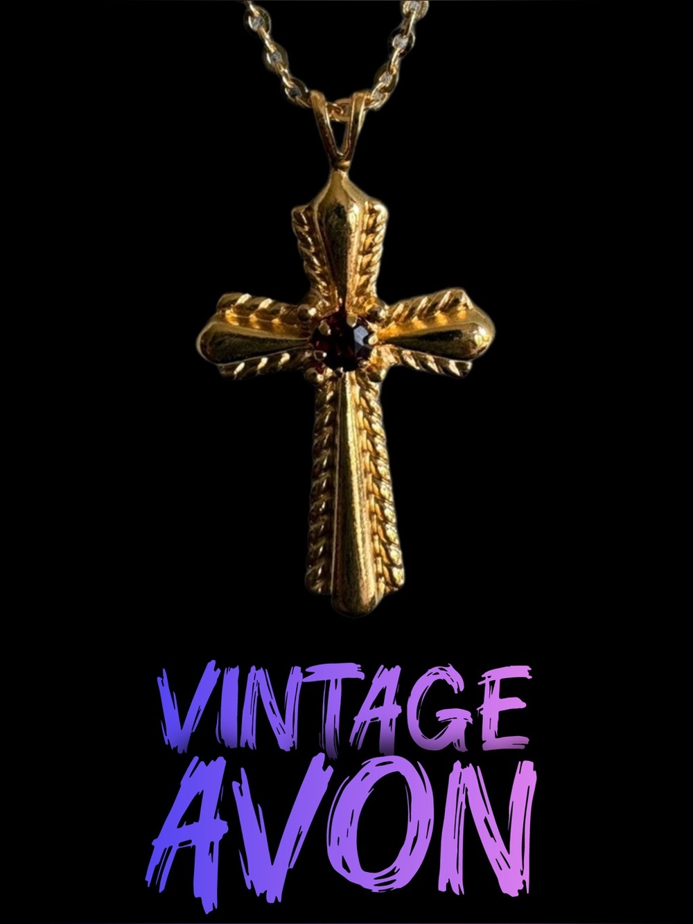 Vintage Avon 1992 Gold-tone Cross Necklace with Garnet Stone